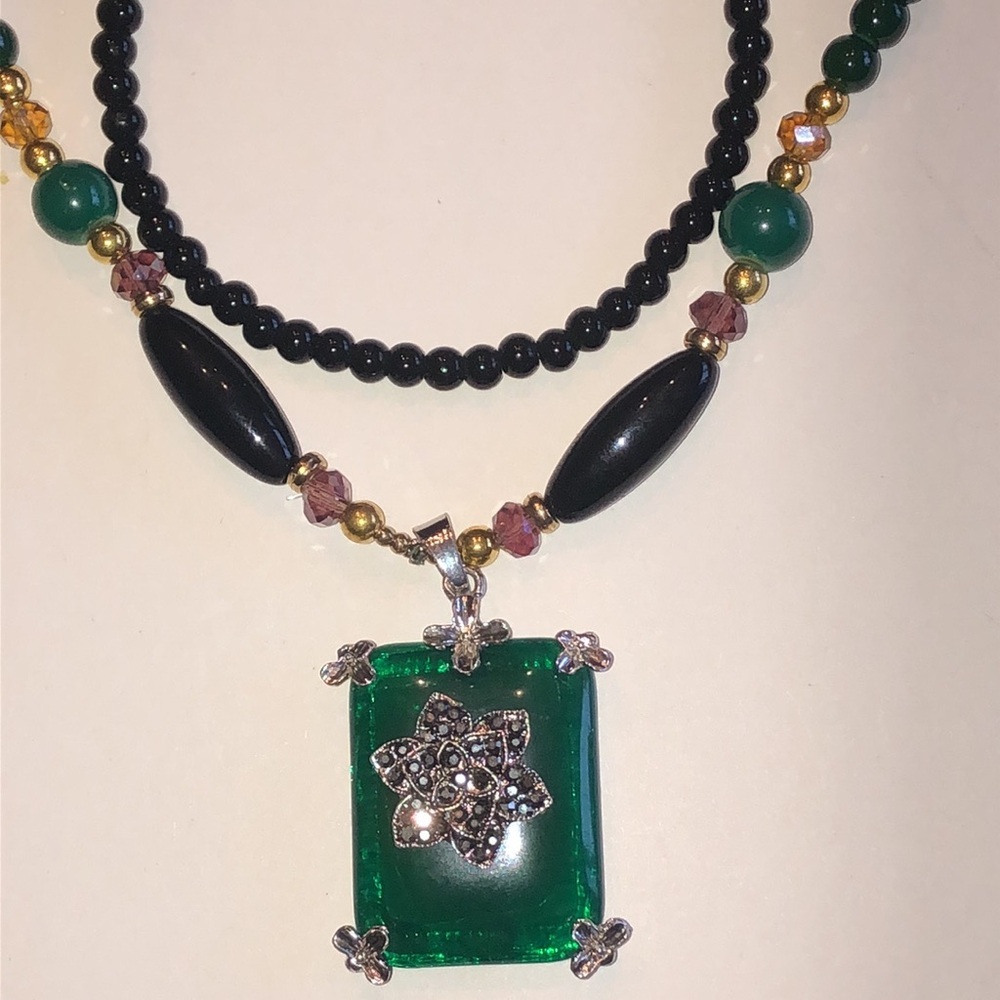 Elegant Green Floral Pendant and Black Beaded Boho Necklace